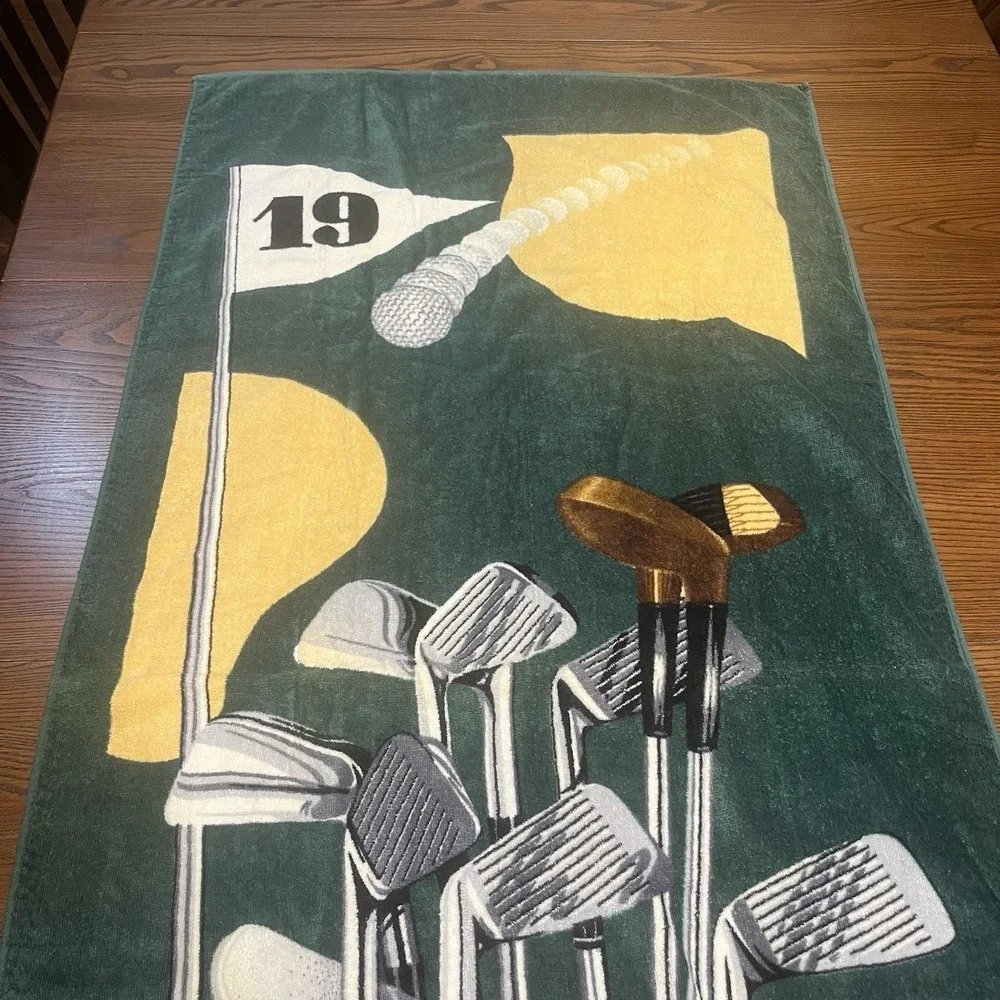 Vintage Hilasal Golf Beach Towel 19th Hole Clubs Flag Ball 100% Cotton Green